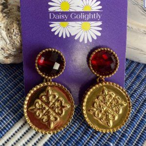JOLENE Fleur De Lis Gold Coin Garnet Earrings